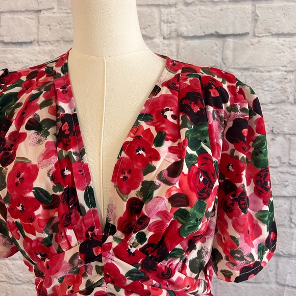 Romantic Floral Midi Dress Red & Pink Roses Empire Waist Low Cut Deep V-Neck - Picture 4 of 13